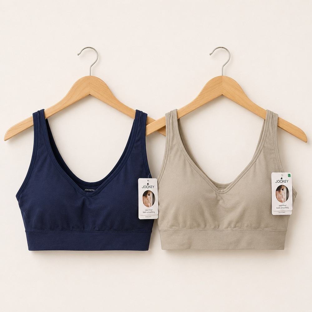 Jockey Seamfree Back Smoothing Bra 2 Pack Womens L Navy Beige Comfort Basics